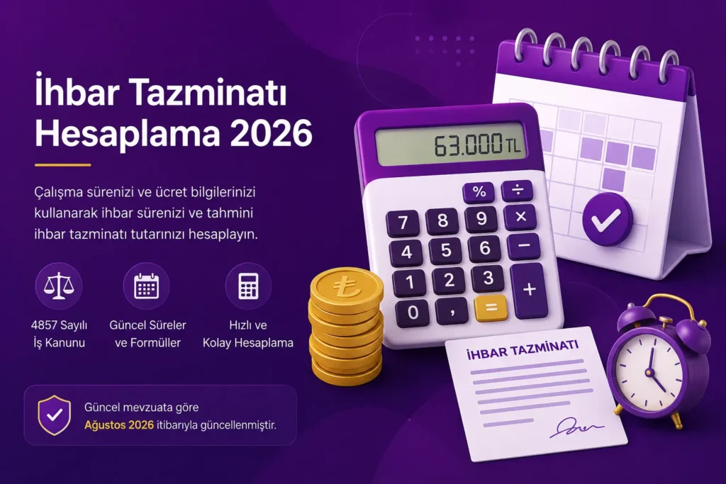 İhbar tazminatı hesaplama 2026 için hesap makinesi ve takvim görseli